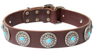 Leather Dog Collar with Blue Stones