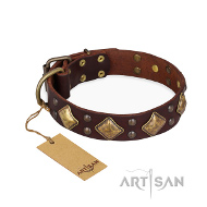 Elegantes Lederhalsband braun von FDT Artisan "Golden Squares"