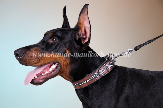 Hundehalsband aus Leder für Dobermann mit Stacheldraht Bemalung - zum Schließen ins Bild klicken