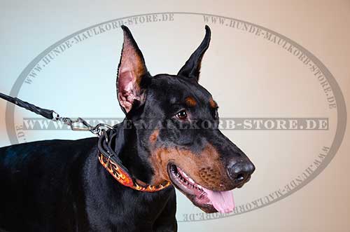 Dog Leather Collar for Doberman with Flame Paint 