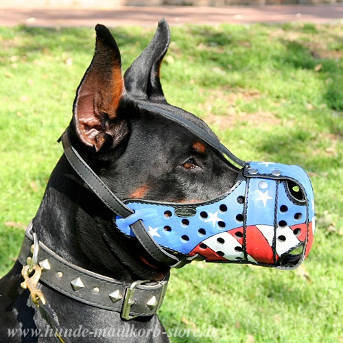 Dobermann Hand Painted Leather Dog Muzzle in USA Design