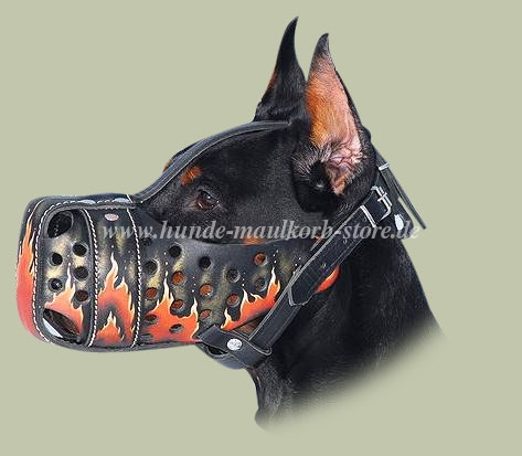 Hand painted leather dog muzzle "Flame" for Doberman