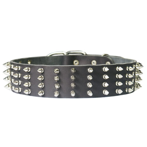 Leather 4 rows spiked dog collar, extra wide 2 inch