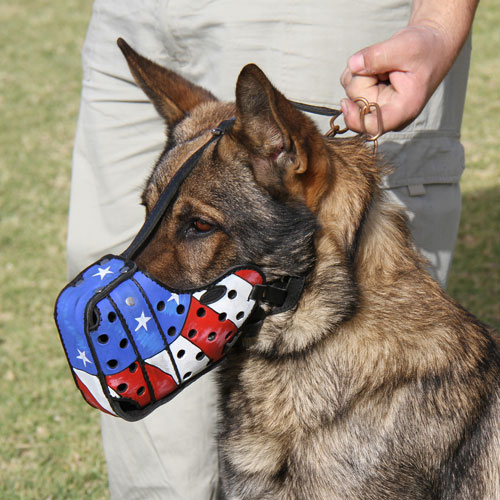 Shepherd "American Pride" Hand Painted Leather Dog Muzzle