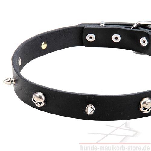 Ledernes Hundehalsband mit Spikes und Schädeln 25 mm