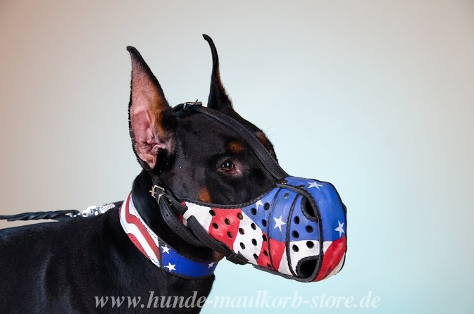 Hundehalsband für Dobermann aus Leder mit USA Bemalung