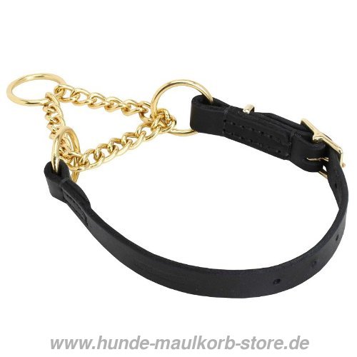 Choke Dog Collar of Gold Brass Martingale with Leather - Click Image to Close